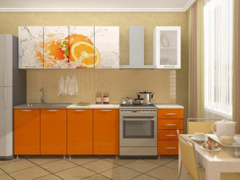 Кухонный гарнитур 1,6м Апельсин (Белый/Оранжевый металлик/Фотопечать апельсин) в Новокремлёвском - novokremlyovskoe.mebel54.com | фото